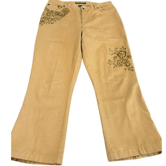 Ralph Lauren Lauren Jeans Co. Women's Vintage Floral Tan Jeans Plus Size 14 - Picture 1 of 7